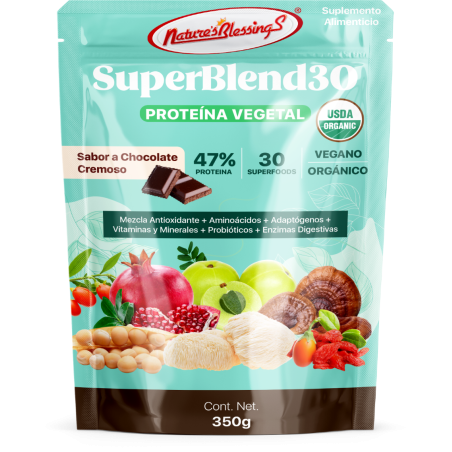 Mezcla de 30 Superfoods, Adaptógenos y Probióticos,Proteina, Orgánica , Sabor Chocolate Cremoso,350g